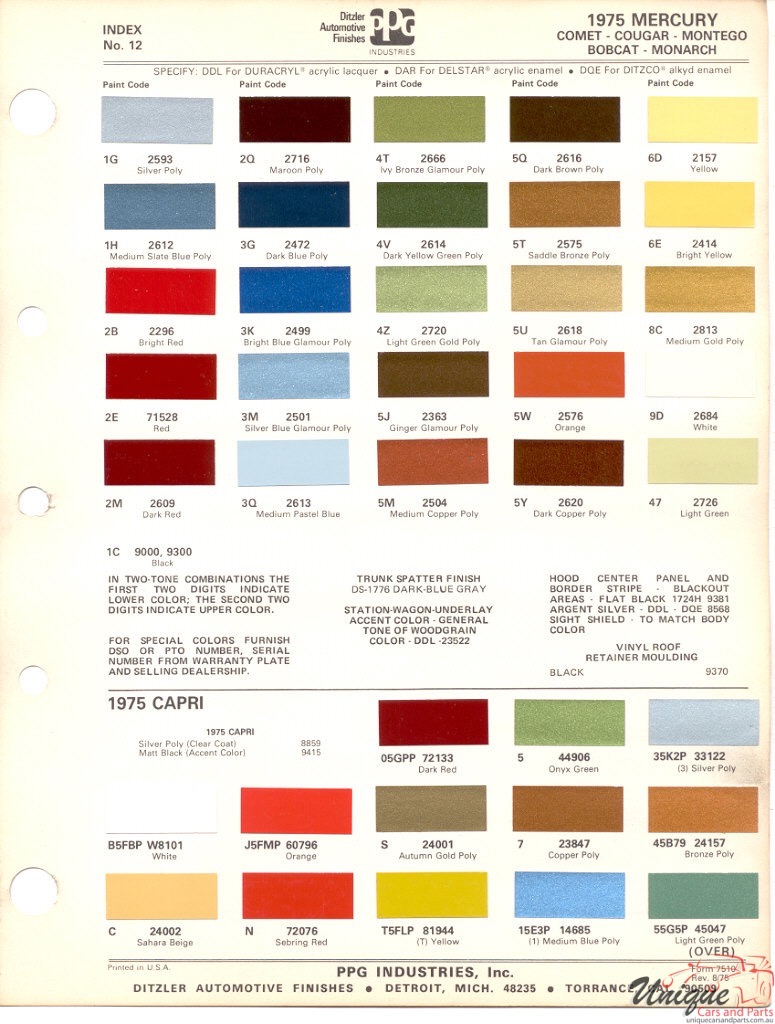 1975 Mercury Paint Charts Ford Paint Charts Capri PPG 1